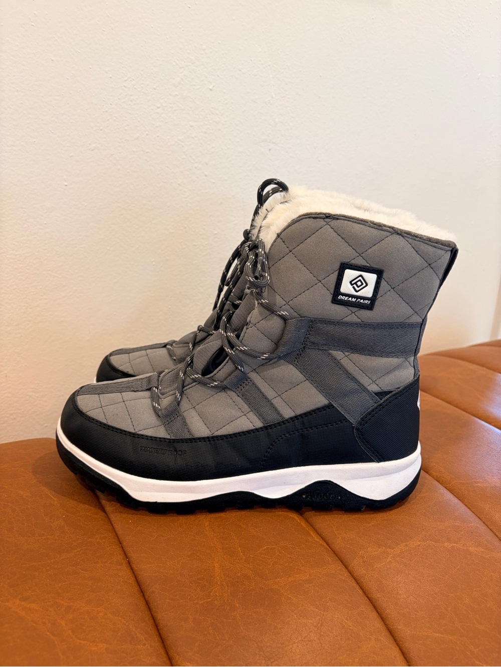 Black and Gray Quilted Women's Winter Snow Boots with Faux Fur Trim